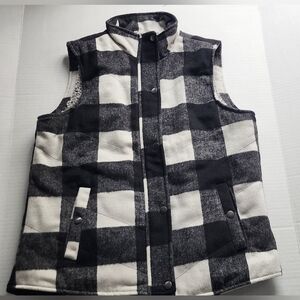 Francesca's Harper Heritage Vest Womens Black White Check Flannel Fleece Lined S